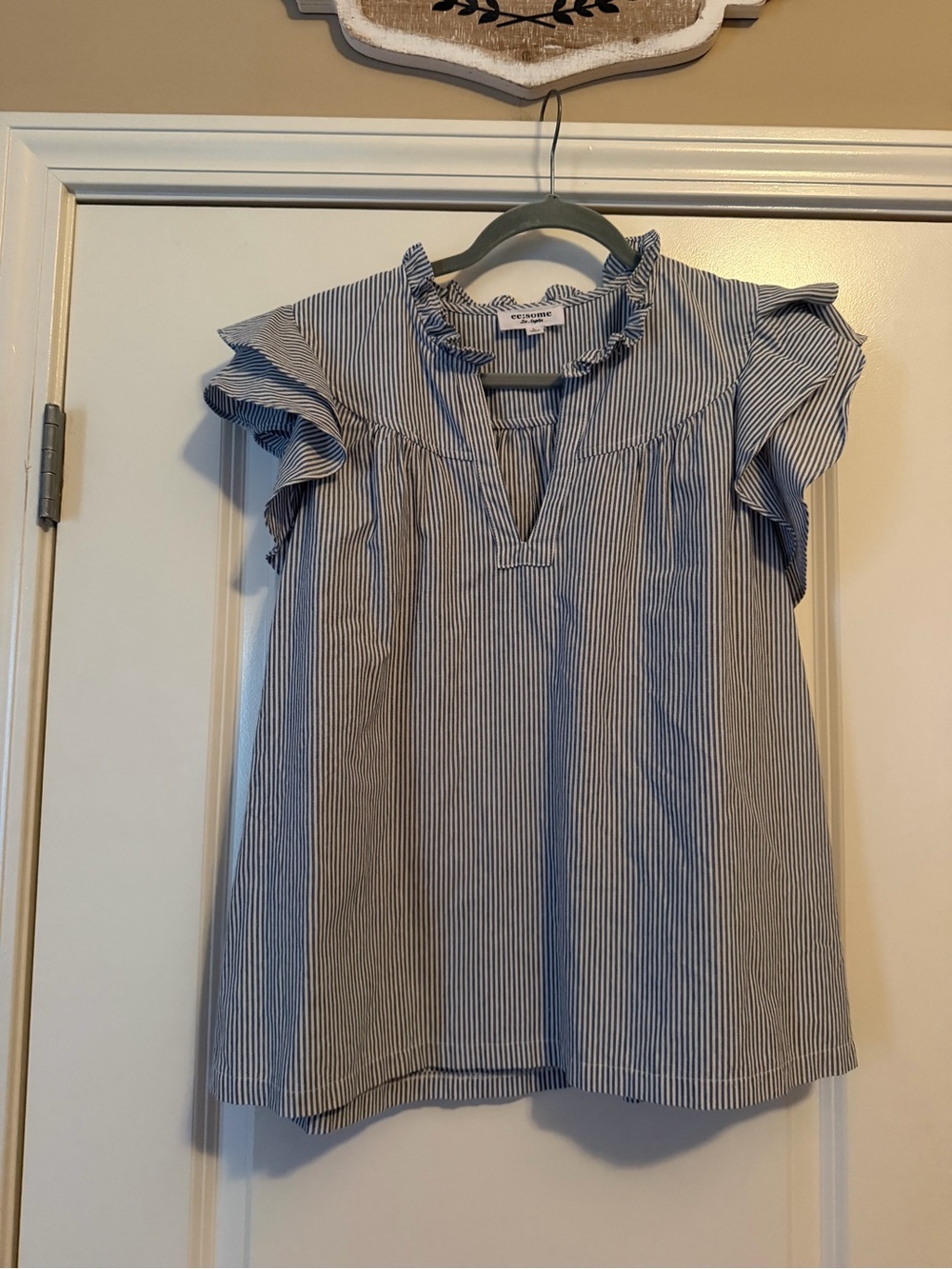 eesome Blue Stripe Ruffle Sleeve Split-Neck Women's Top